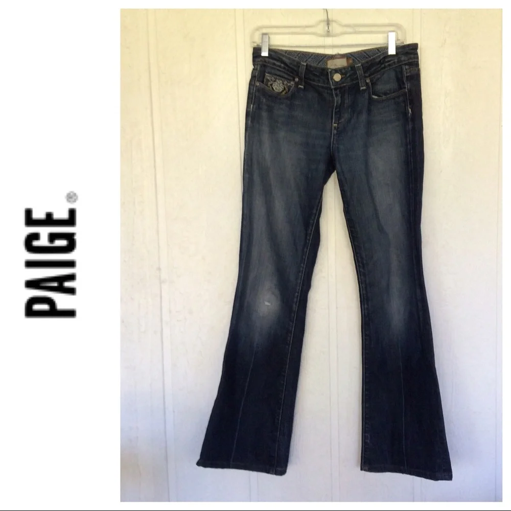 PAIGE LAUREL CANYON MID RISE FLARE EMBROIDERED JEANS S…
